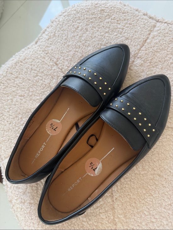 Report Shoes - Report Black Loafers with Gold Stud Accents
